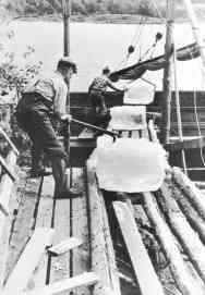 End of the line - ice blocks being unloaded from the ice track into a ship
