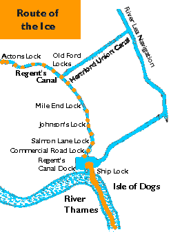 Map showing the route of the ice from the Regent's Canal Dock at Limehouse to King's Cross along the canal.