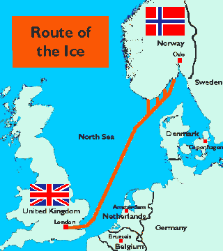 Map showing the route of the ice from southern Norway to London