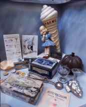 Ice cream memorabilia, cone and small items in case