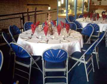 Chairs with padded seats, blue decorative backrests, around a table