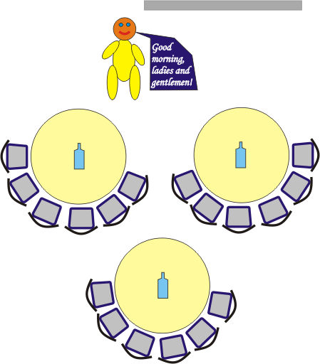 Three round tables, with chairs around one half, and speaker at front