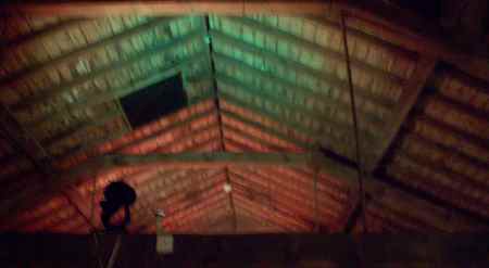 Pitched timber roof, inside, lit in green and red