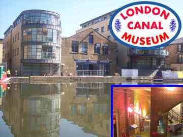 View of museum from the water, with interior party shot inset