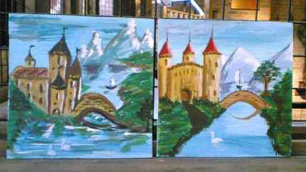 Two pictures of castles with a canal passing and a bridge